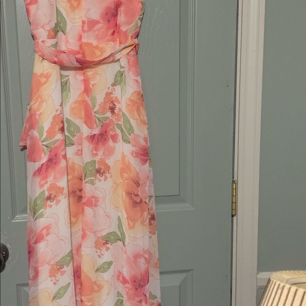 R&K Maxi Dress, NWOT Size 8 Multi Color Shades of  Orange and White, and Greens. - Picture 4 of 15